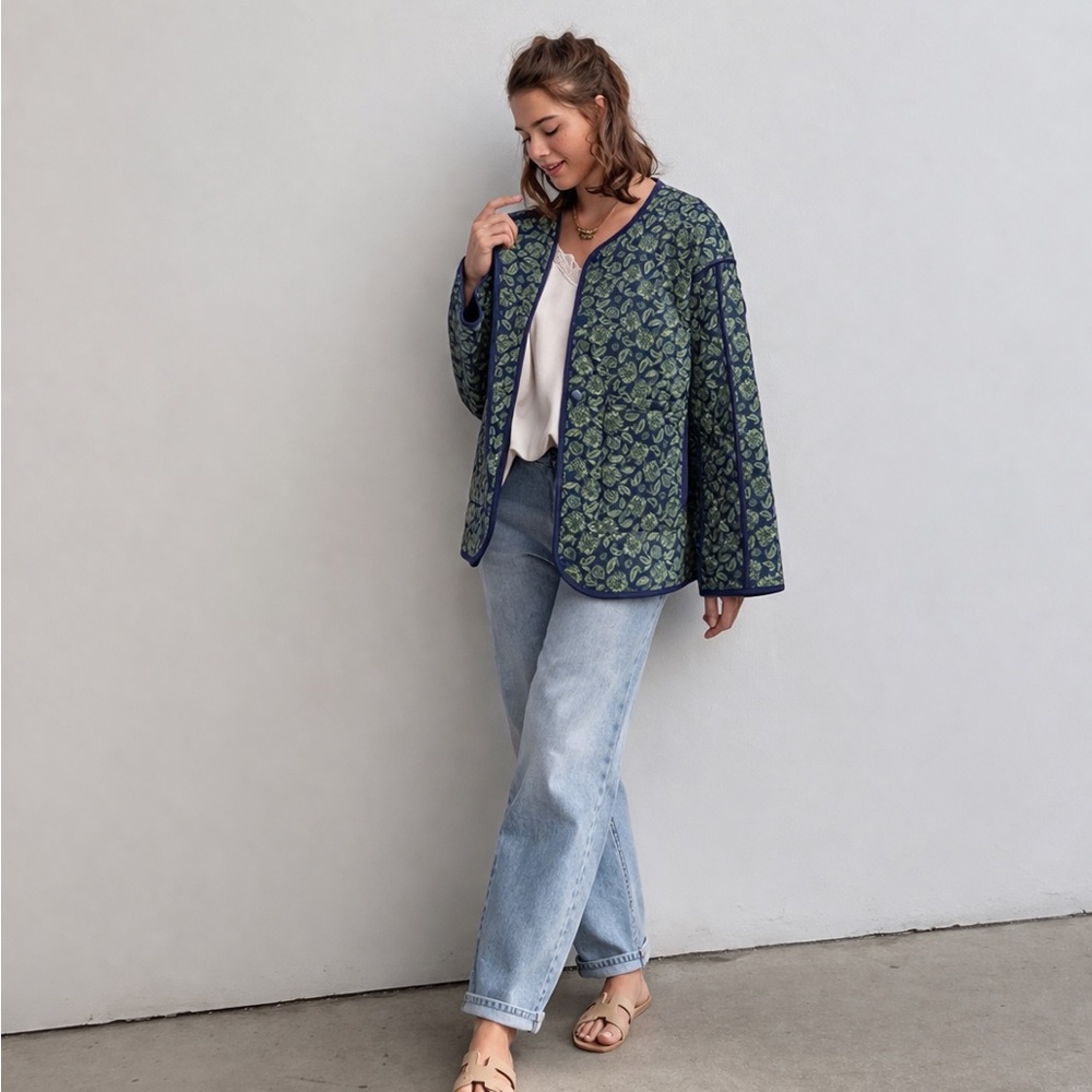 30. EASEL COST 🛑green floral flower coat jacket green blue - Picture 2 of 2